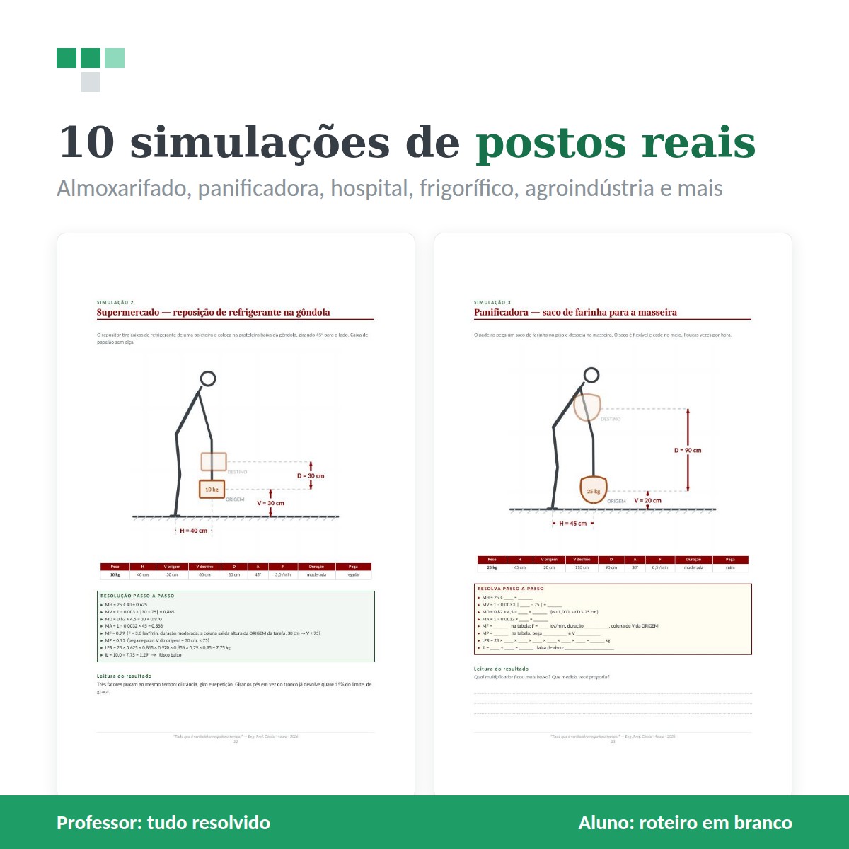 À esquerda a versão do professor, resolvida. À direita a do aluno, para ele refazer sozinho.